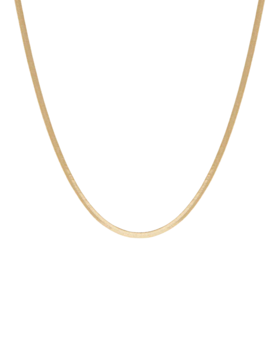 Elegant 4mm 18k gold herringbone necklace with a sleek, interlocking design, perfect for layering or wearing solo.