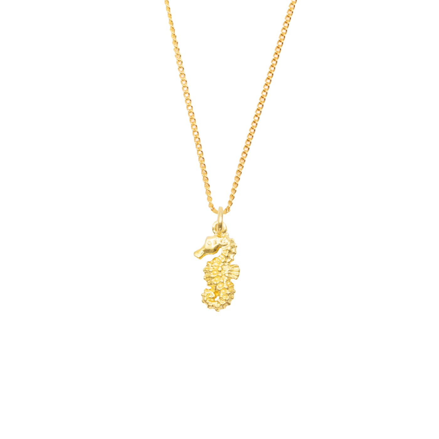 Gold seahorse pendant necklace from House of Atlas, featuring a delicate seahorse charm on a fine gold chain, symbolizing grace and resilience.